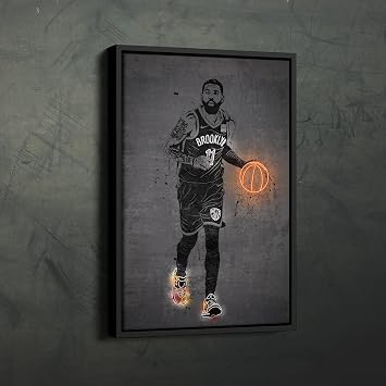 Kyrie Irving Poster Neon Brooklyn Nets NBA Canvas Wall Art Home Decor Framed Poster Man Cave GiftBlack Floating Frame, 12"x18"