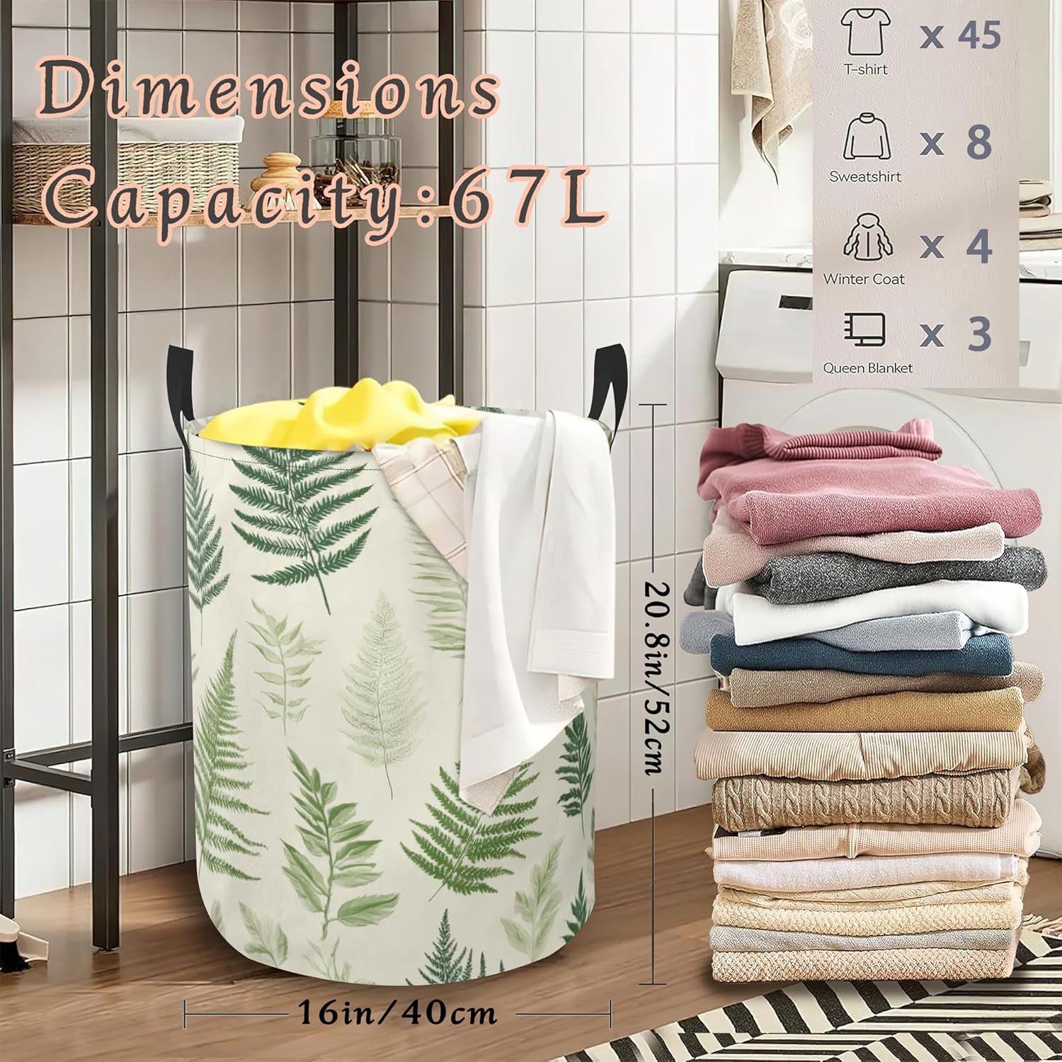 Fern Herbs Laundry Basket,Botanical Foldable Oxford Cloth Laundry Hamper with Handles Waterproof Dirty Clothes Storage Basket for Bathroom Bedroom Dorm Room 16" x 20.8"