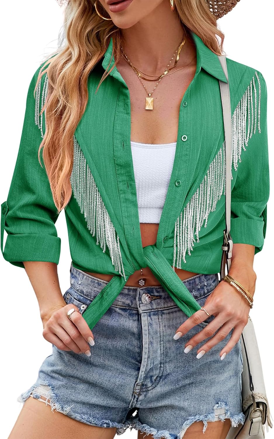 MYMORE Womens Sparkly Fringe Button Down Shirt Rolled 3/4 Sleeve Top Country Concert Nashville Western Cowgirl Outfit