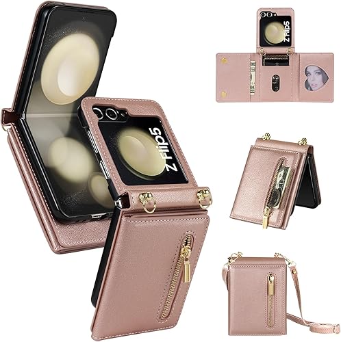 Asuwish Funda para teléfono Samsung Galaxy Z Flip 5 5G 2023 con ranura para tarjeta de crédito, correa cruzada, cordón para celda, ZFlip5 Z5 G Flip5