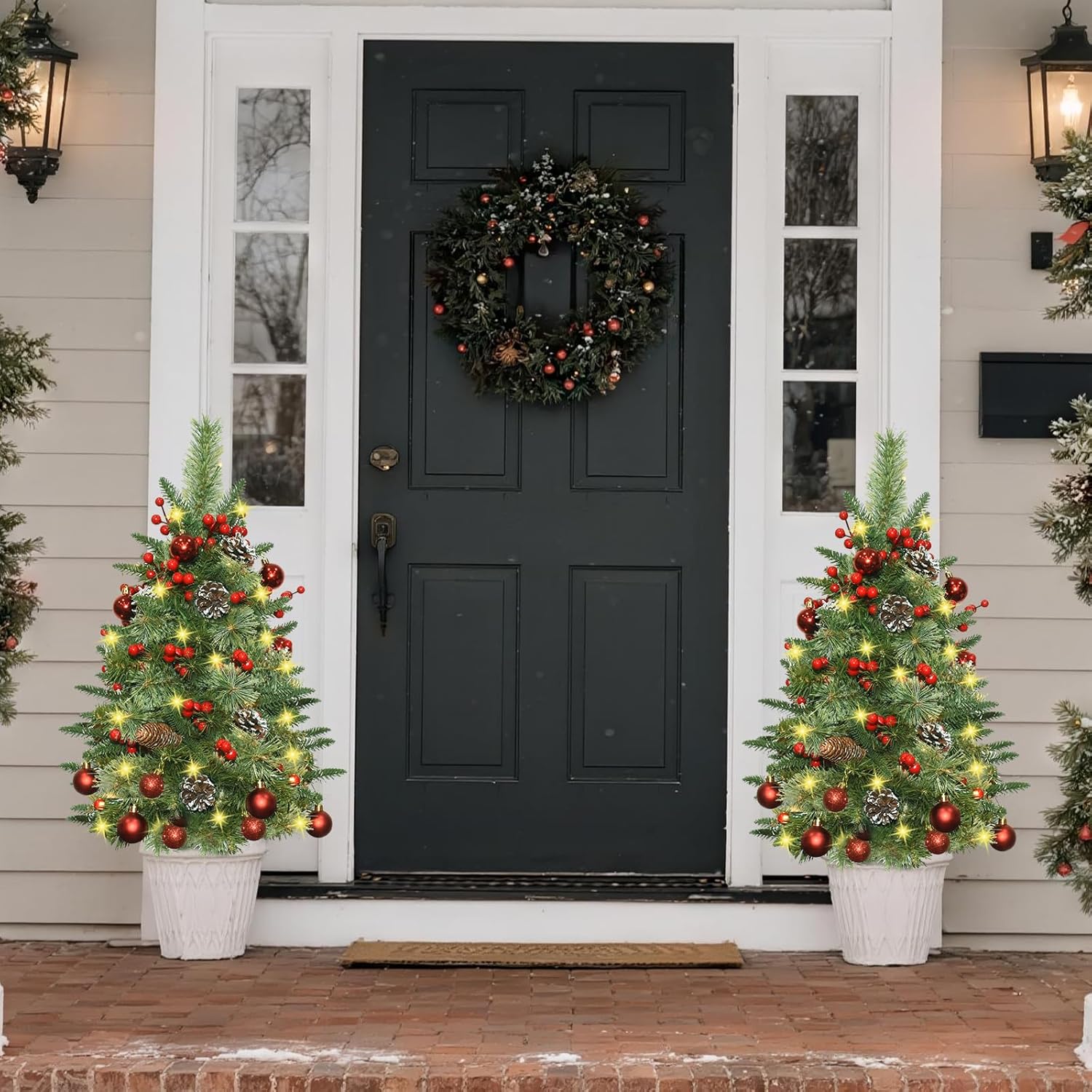 Prelit Porch Christmas Trees Set of 2-30 Inch Outdoor Christmas Trees with 70 LED Lights, 300 PE & PVC Branches Tips with Pine Cones, Red Berries and Ball Ornaments for Holiday Decor