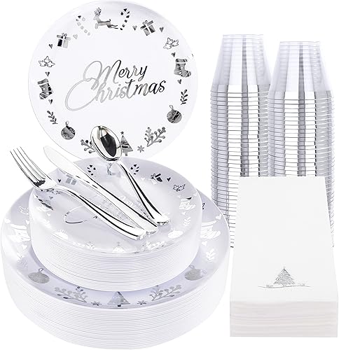 Ciaell 175 platos de plástico de Navidad, platos de plástico blanco y plateado para 25 invitados, incluye 50 platos de plástico, 25 cuchillos, 25