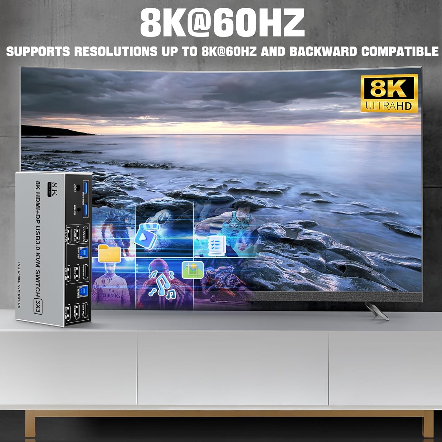 8K@60Hz USB3.0 2 Displayport+HDMI KVM Switch Triple Monitor 2Computer, 2PC Share 3Monitors (HDMI+2 Displayport) KVM Switch with Audio Microphone and 3USB Ports, HDMI+2 DP Monitor Switch for 2PC