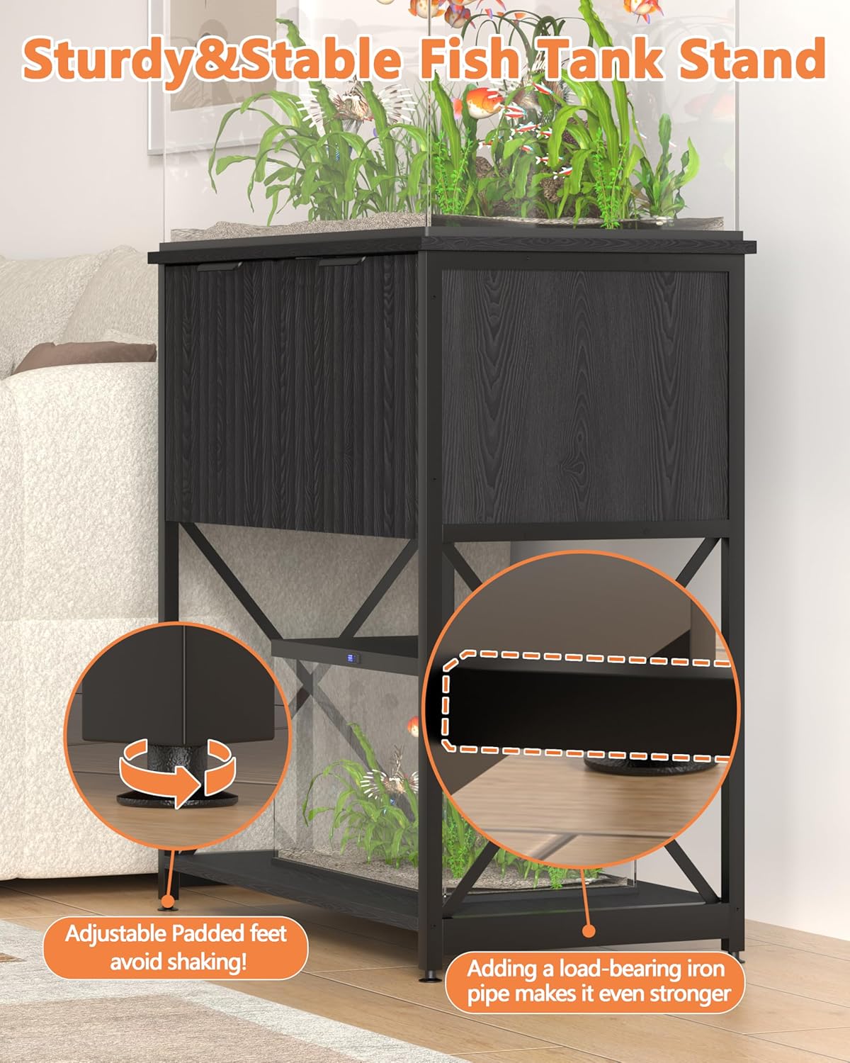 Piskyet 20-29 Gallon Fish Tank Stand, Metal Frame Aquarium Stand, Cabinet for Fish Tank Accessories Storage，Suitable for Turtle Reptile Tank Stand Terrarium Stand,340Lbs,Black