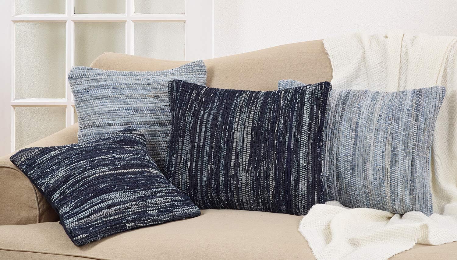 Fennco Styles Bohemian Chindi Cotton 20x20 Inch Throw Pillow Cover Only - Denim Woven Cushion for Couch, Bedroom & Living Room Decor, Denim Blue