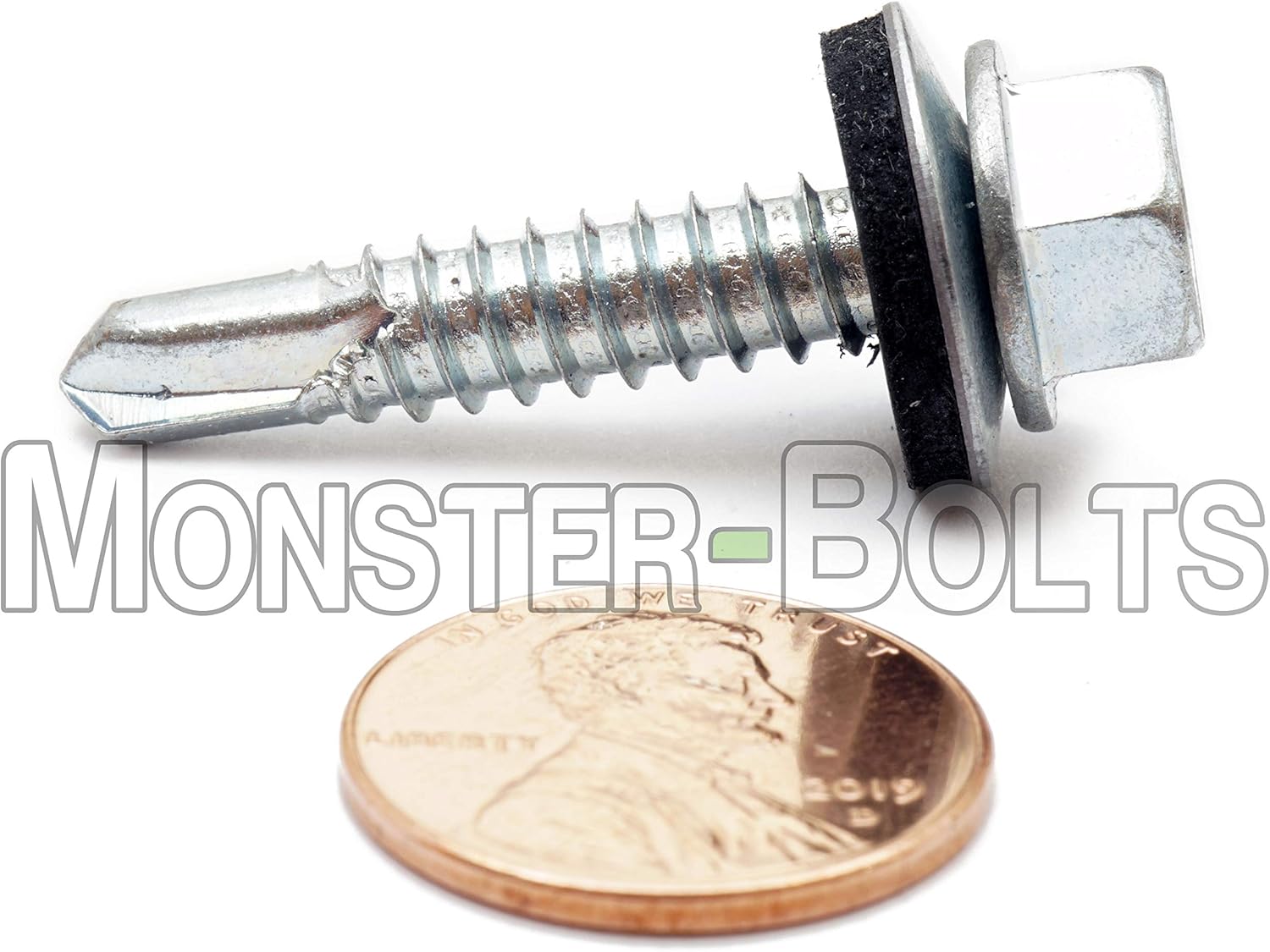 (250) #14 x 1-1/4" Indent HWH with Bonded EPDM Sealing Washer, Hex Washer Head Unslot, 1/4" Zinc #3 Point Self Drilling TEK Sheet Metal Roofing Screws - MonsterBolts (250, 1/4" x 1-1/4")
