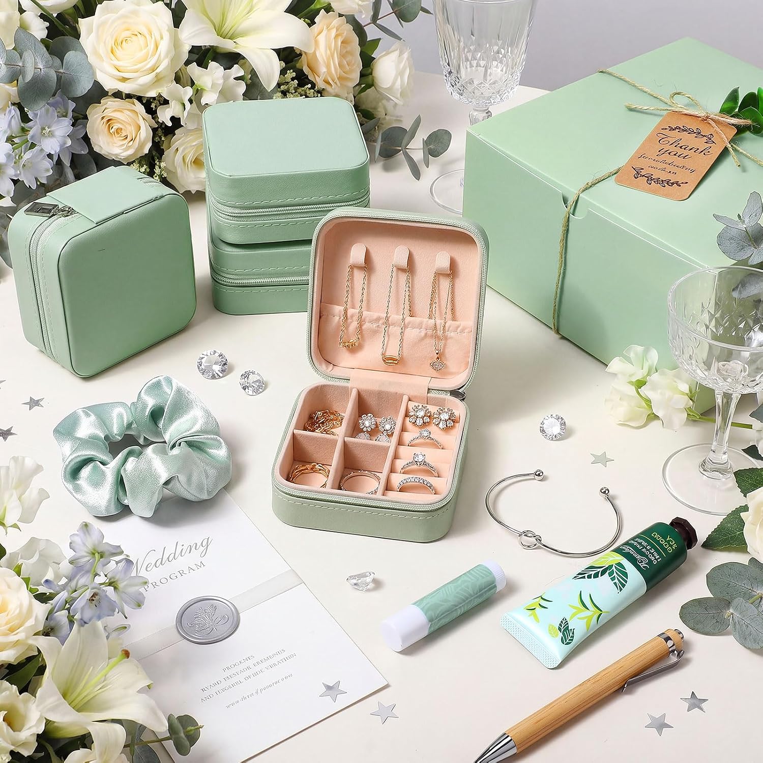 LemonRoad 60 Pcs Baby Shower Game Prizes for Winners Include Gift Box Glass Cup Jewelry Box Hair Scrunchies Knotted Bracelets Pens Hand Cream Lip Balm Wedding Bridal Shower Prizes Gifts(Green)