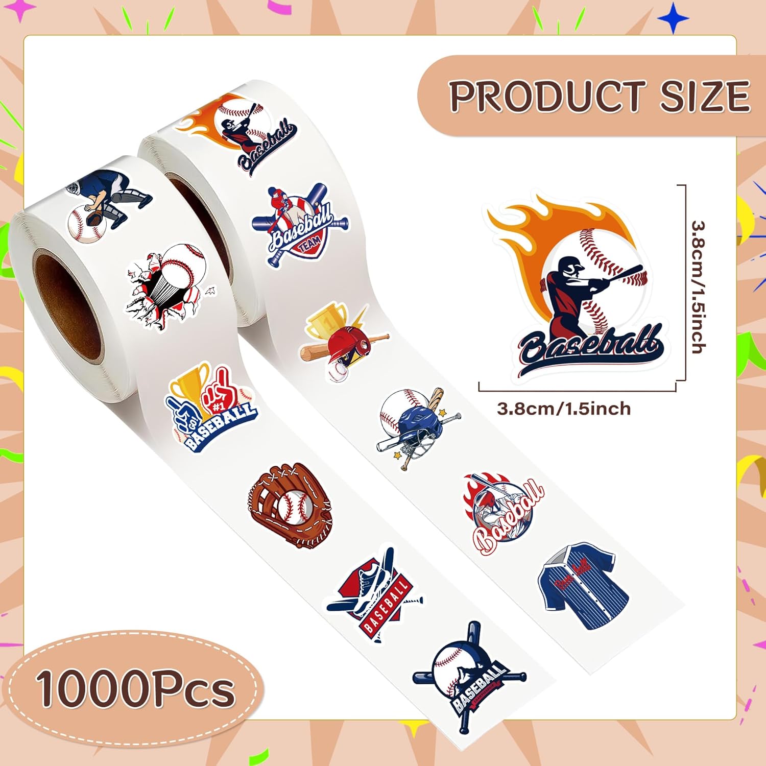 Baseball Stickers Roll - 1000 Pcs Baseball Helmet Stickers, Self Adhesive Baseball Sticker for Waterbottle, Sports Baseball Sticker for Envelope Scrapbook Party Favors, 16 Designs
