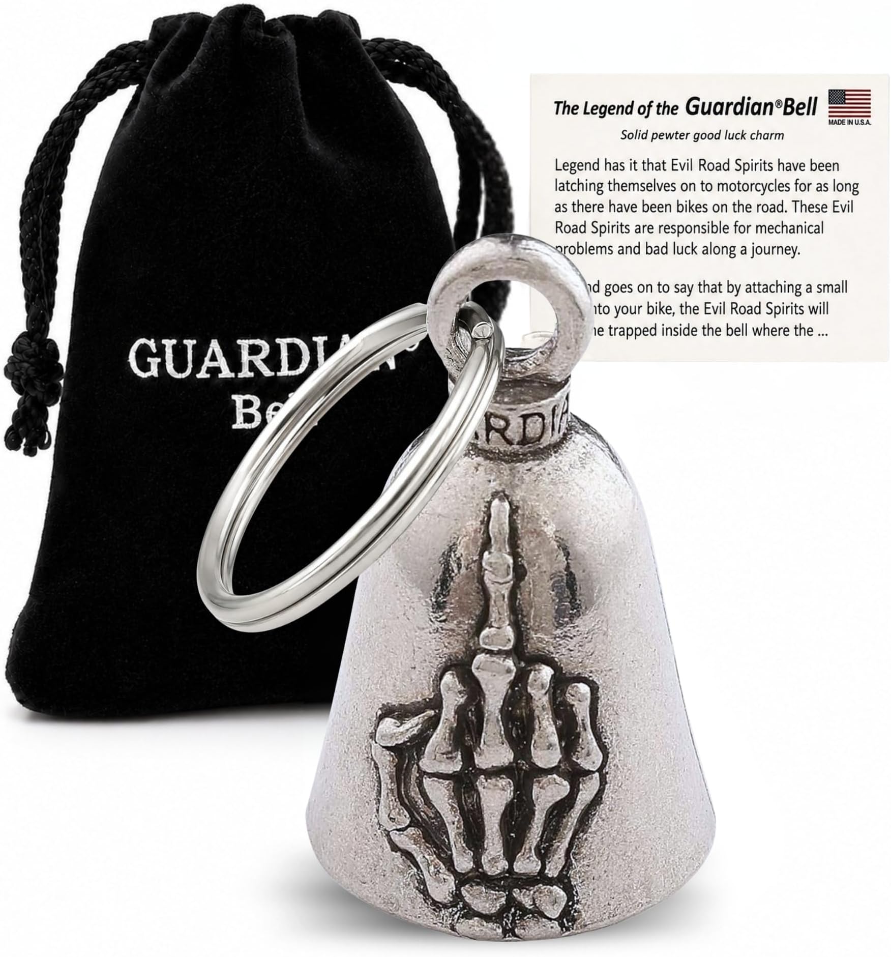 Guardian Bell Good Luck Bell w/Keyring & Black Velvet Bag | Motorcycle Bell | Lead-Free Pewter | Made in USA
