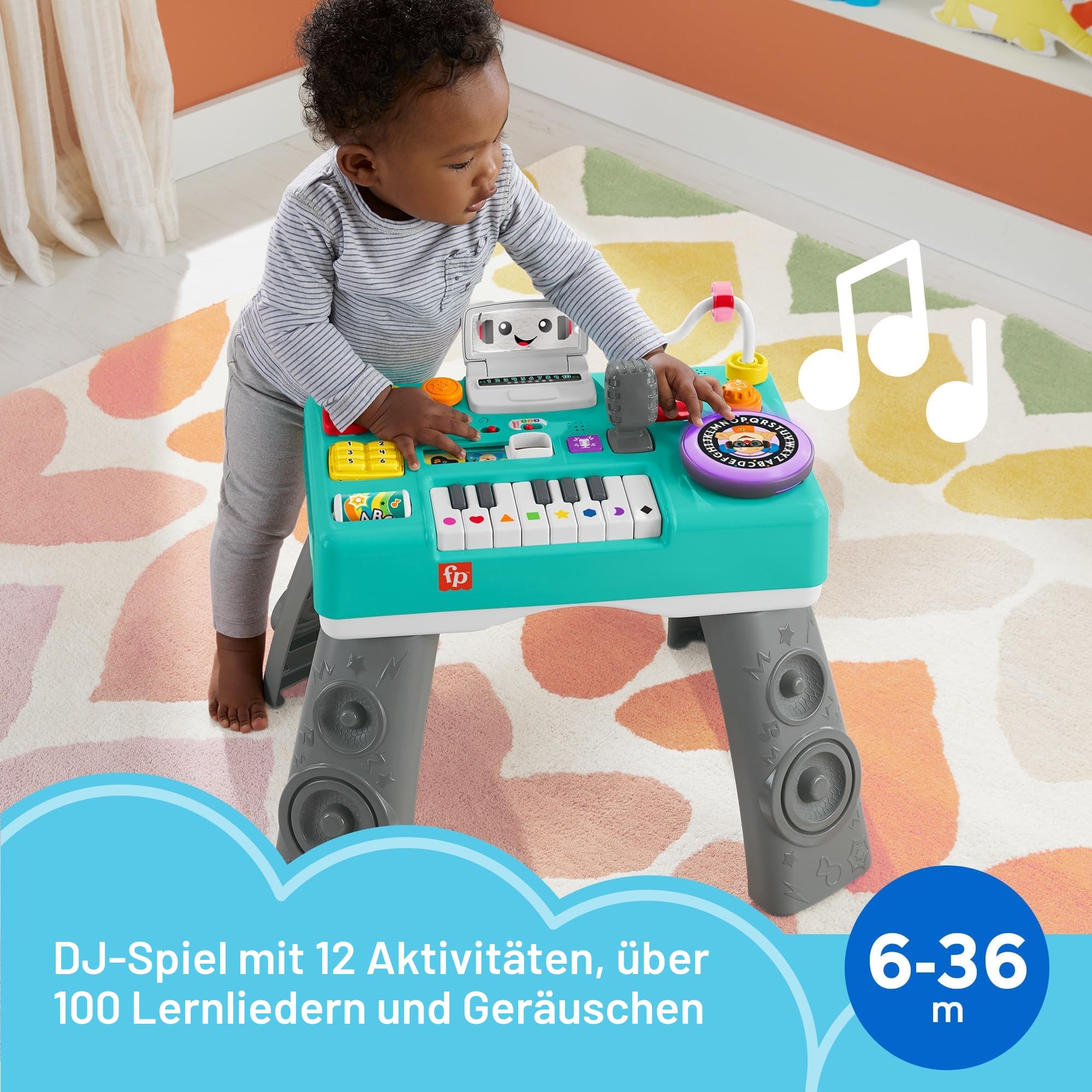 Fisher-Price Lernspaß DJ Spieltisch - musikalisches Lernspielzeug mit 3 Klavierspielmodi, Lichtern, Version: Englisch Reduzierte Verpackung, HTK83