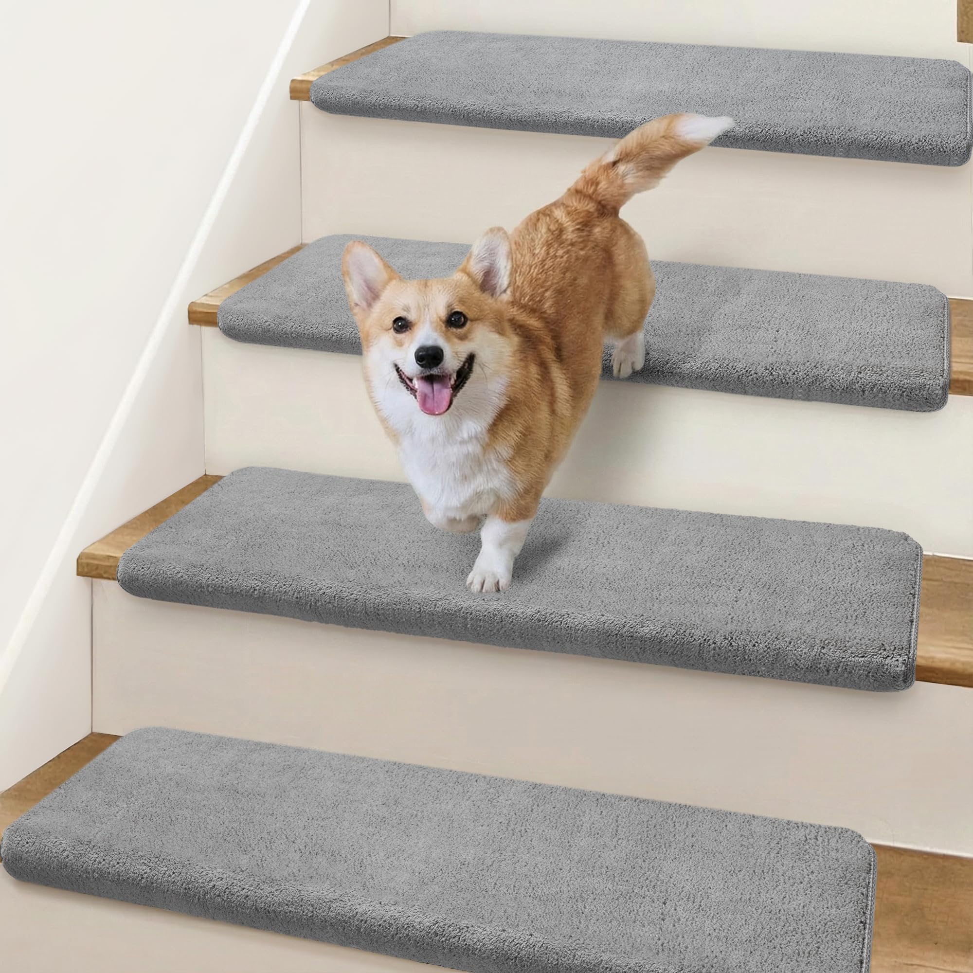 NEKL Bullnose Stair Treads Non Slip 9.5" x 32", 14 Pcs Ultra Plush Carpet Stair Treads for Wooden Steps Indoor with Edge Protection, Reusable Peel and