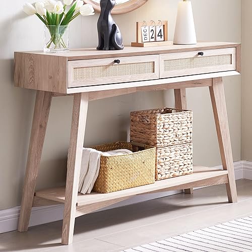 Miniatura 3 de OKD Mesa consola moderna de mediados de siglo con cajones de almacenamiento de ratán natural mesa de entrada bohemia con estante abierto mesa de