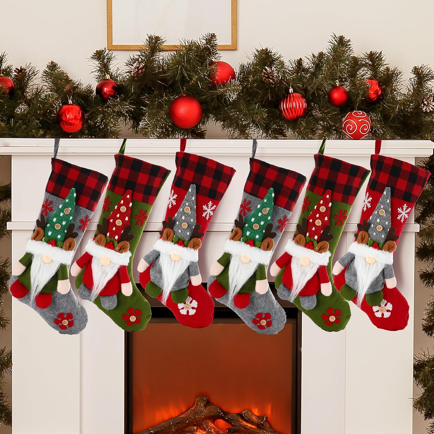 Lyrow 6 Pack Christmas Stockings Bulk 19 Inch Xmas 3D Santa Gnome Socks Hanging Ornaments for Christmas Plaid Large Stockings for Family Holiday Xmas Party Gifts Decoration(Lovely Style)