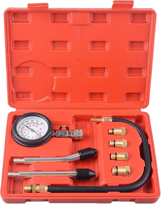 DAYUAN Kompressziómérő Készlet Autómotorokhoz - M10, M12, M14, M18 Adapterekkel, 0-20 bar/0-300 psi Mérési Tartomány, Piros