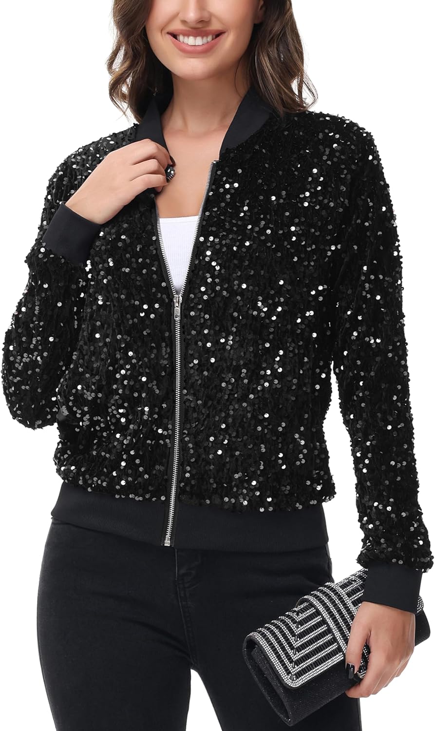 Anna-Kaci Women's Sparkly Sequin Jacket Zipper Long Sleeve Glitter Sequin Bomber Jacket with Pockets - Image 3