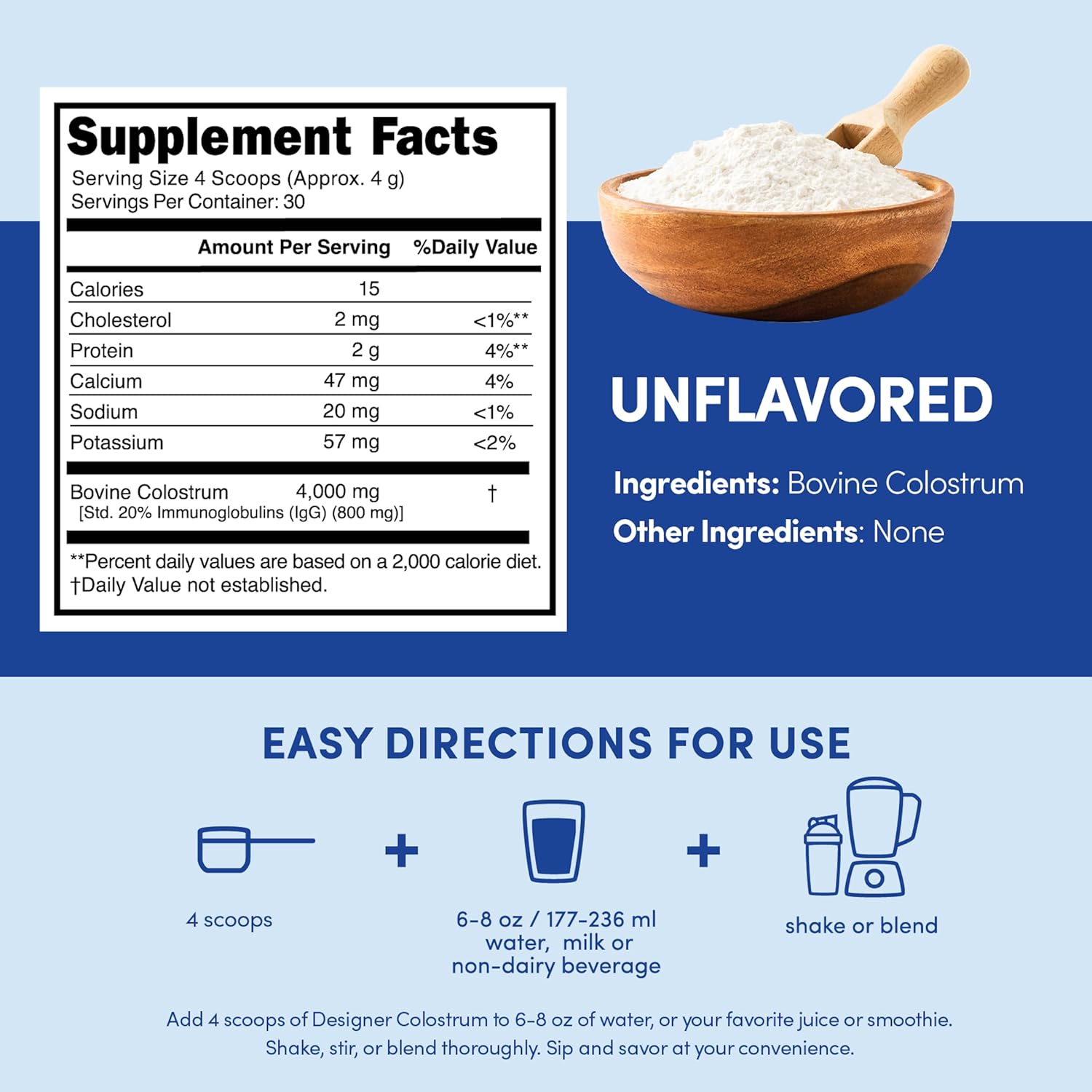 Designer Wellness, Pure Bovine Colostrum Superfood Powder, Gut Health & Bloating, Immune Support, Skin & Hair, Gluten & Fat-Free, Unflavored, 30 Servings