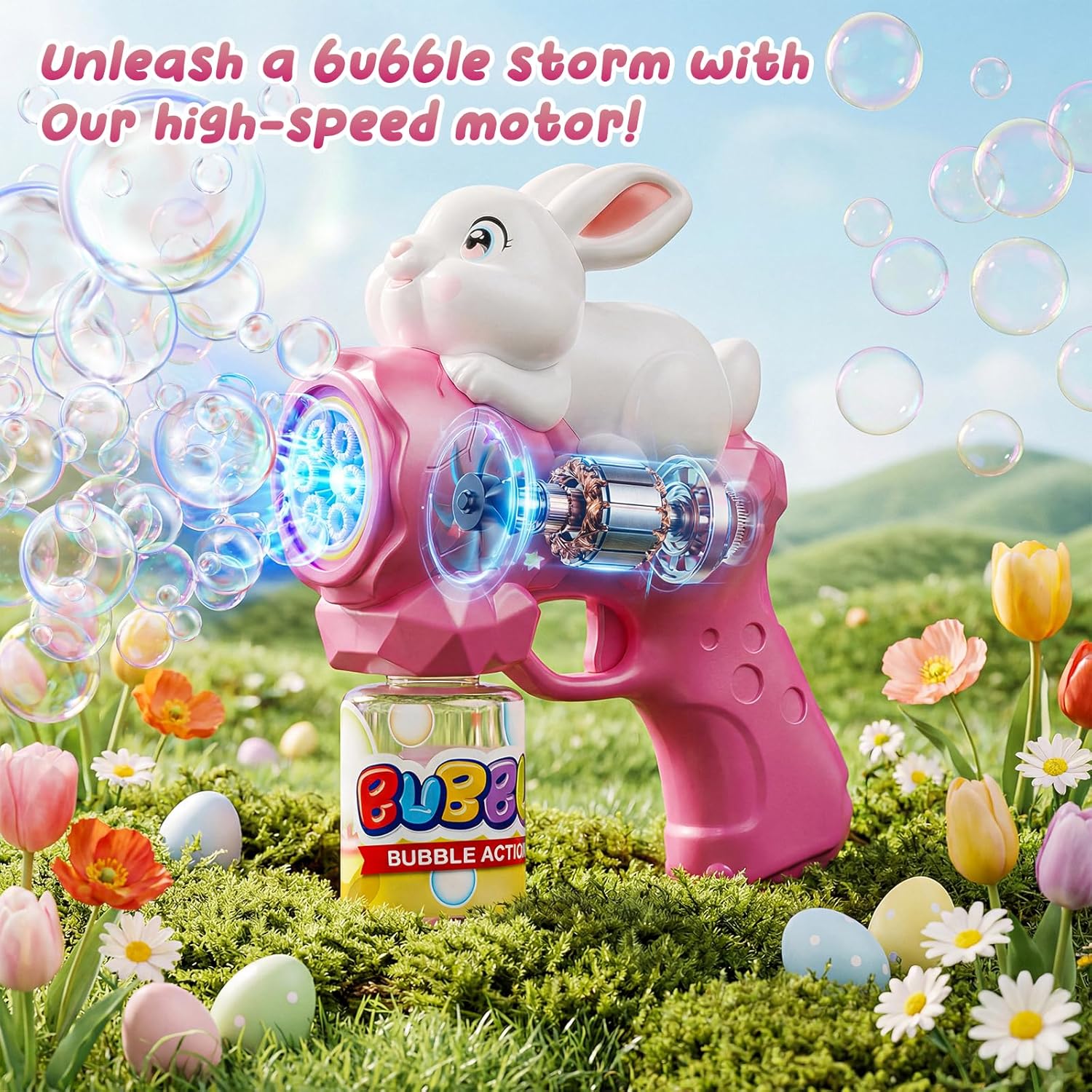 Bunny Bubble Gun for Kids, 2 Pack Rabbit Bubble Machine for Toddler W/LED Lights, 12000+ Bubble/Min, 360° Leak-Proof Bubble Blower Blaster Toy, Outdoor Summer Play, Easter, Wedding & Birthday Gifts