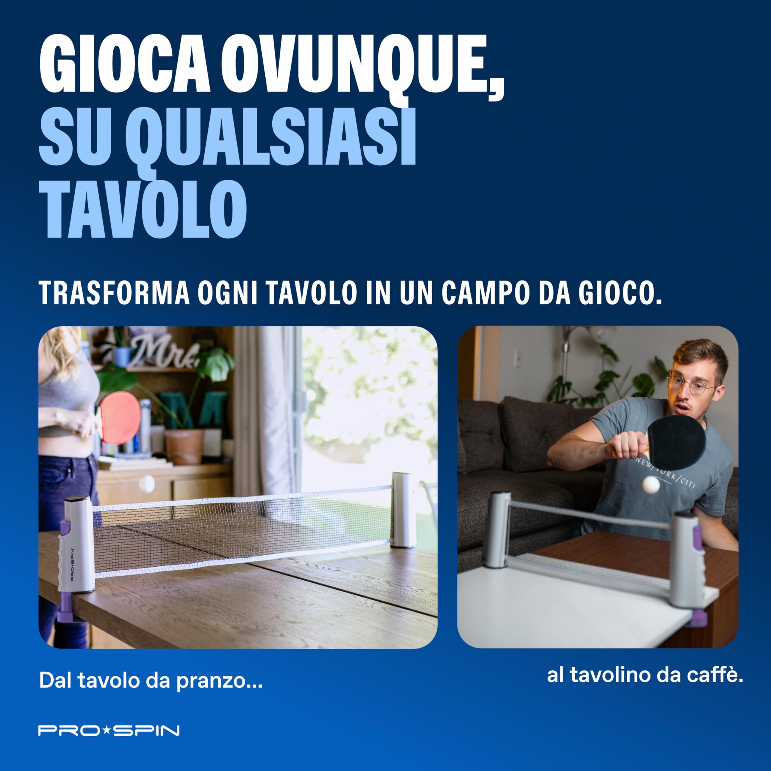 PRO-SPIN Set da Tavolo Portatile - Kit Premium con Rete Estensibile per Qualsiasi Tavolo, Racchette, Palline e Custodia per Ping Pong