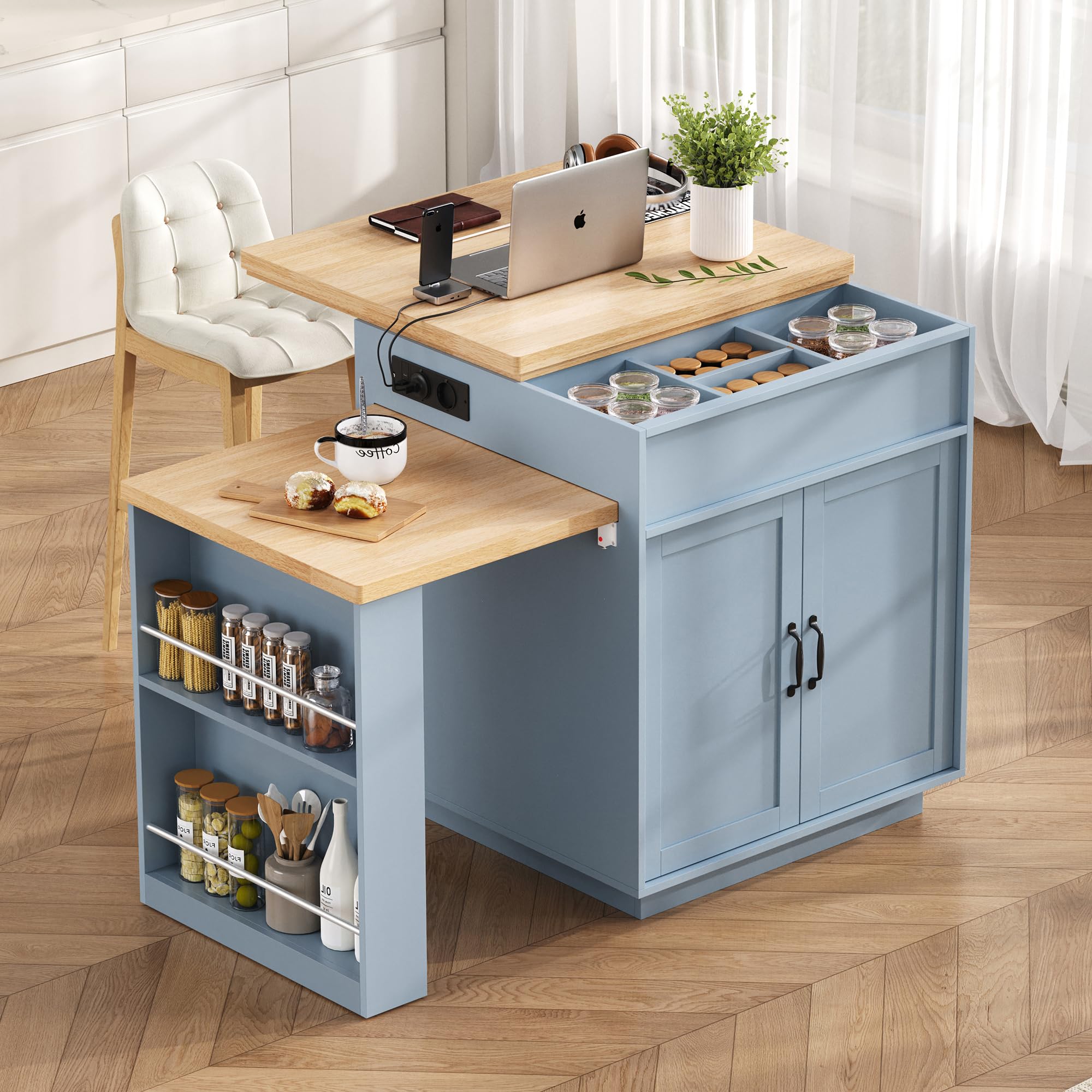 Wyspa kuchenna na kółkach, wysuwany stół do jadalni z oświetleniem LED, stół kuchenny z listwami zasilającymi, służy jako wyspa kuchenna, kredens, stolik barowy do kuchni i jadalni (niebieski)