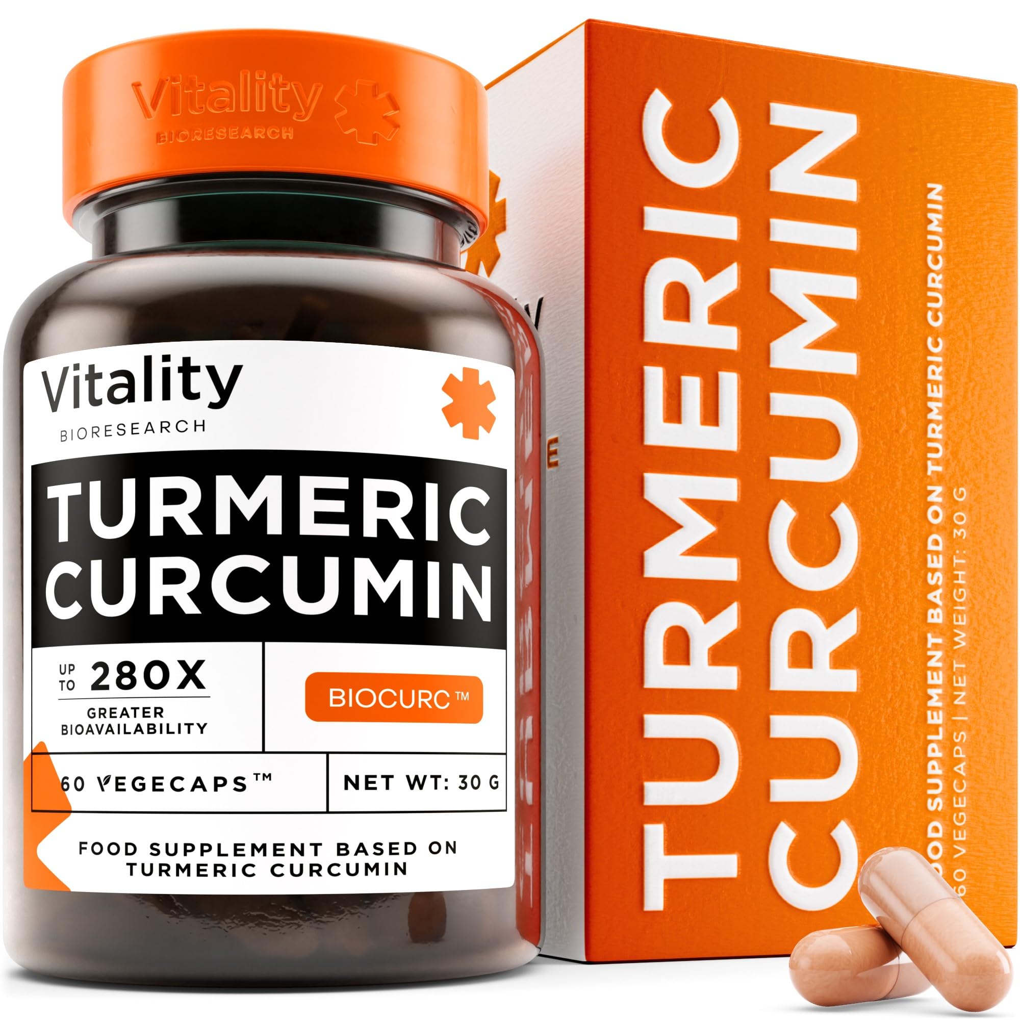 Turmeric and Black Pepper Capsules High Strength, Pure Curcumin with Ginger Roots - Turmeric for Joint Pain Relief Supplement, Antioxidant, Vegan & Gluten Free, 60 Turmeric Capsules