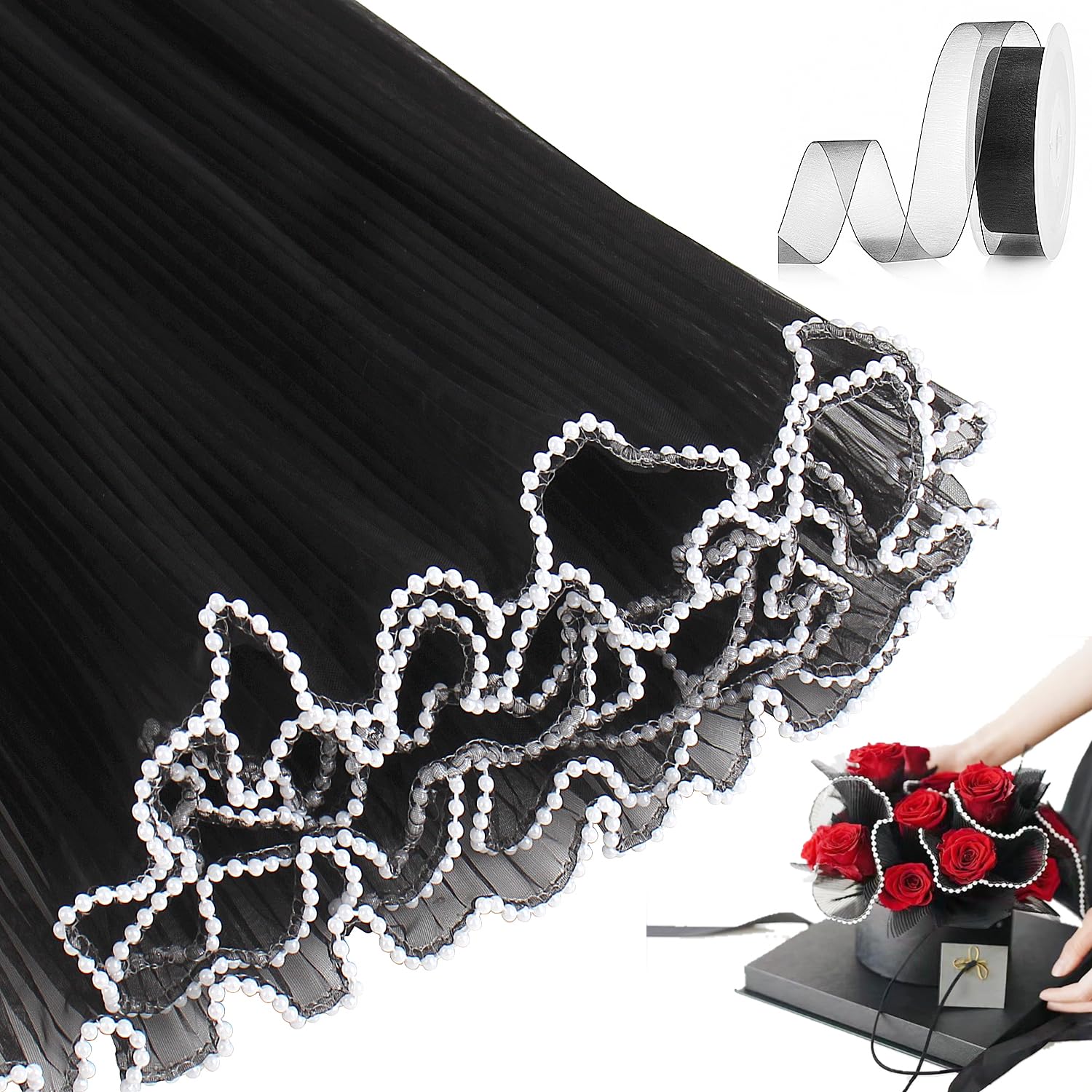 Wrapping Paper for Flower Bouquets Wrapping Paper with Pearl Edge,Black Wrinkled Translucent Lace Mesh Florist Floral Flower Paper waterproof bouquet