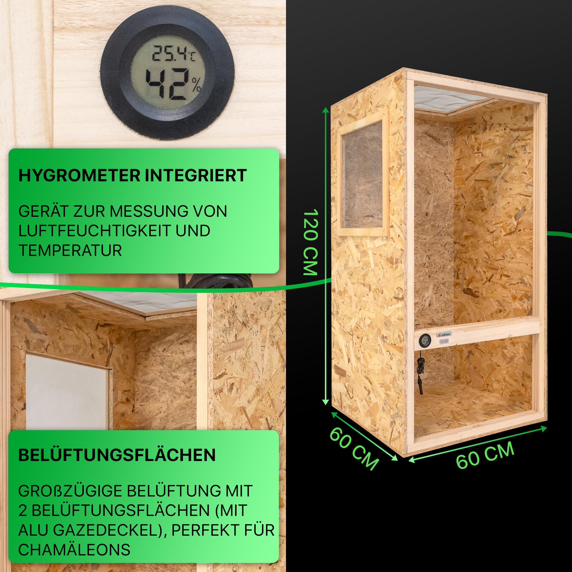 ITA Chamäleon Terrarium 120x60x60 cm mit Flächenbelüftung & Integriertem Hygrometer - Holzterrarium aus OSB-3 Platten - Terrarien für Chamäleons und andere Tierarten - EU Produkt
