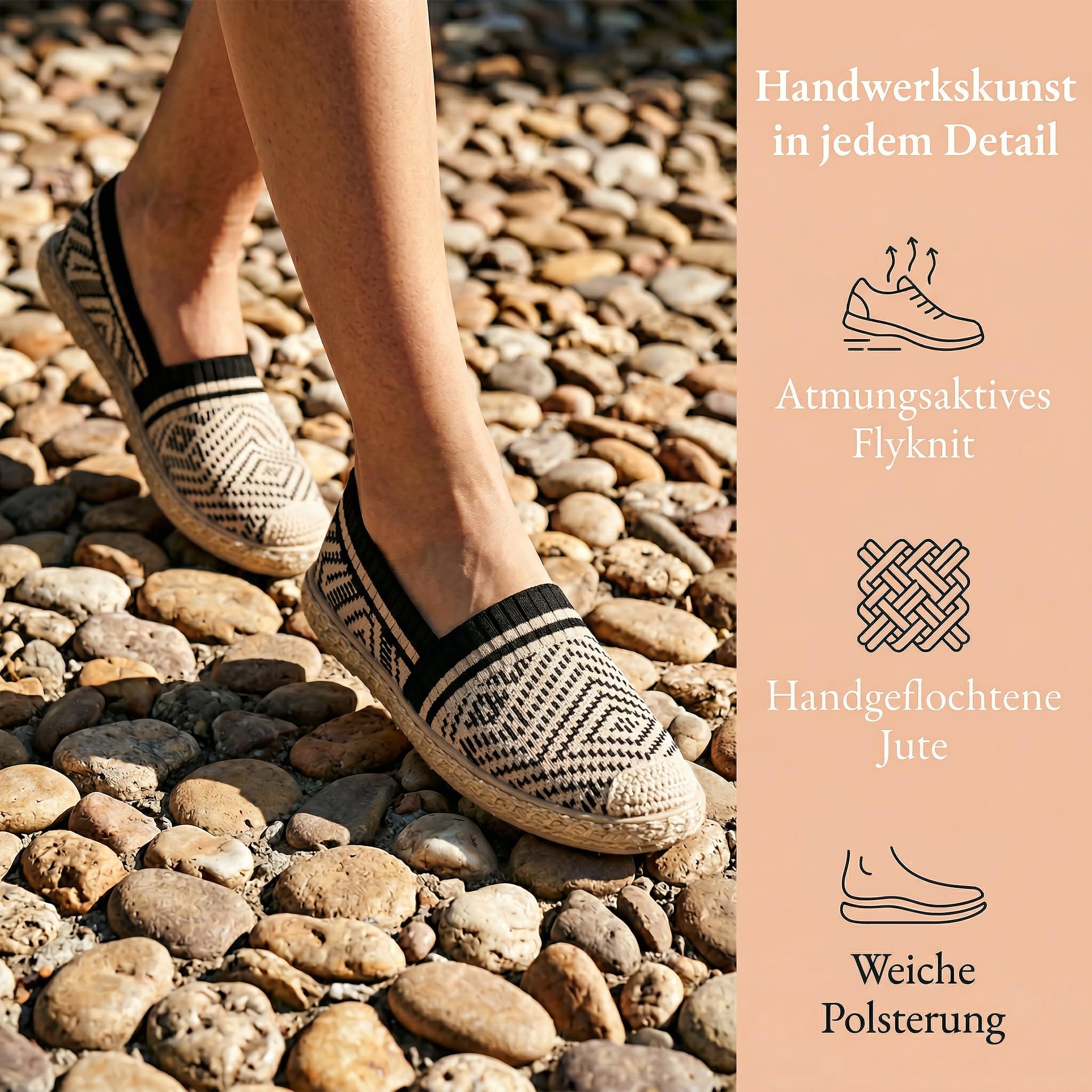 GLAMORA Damen Espadrilles Muster Slip On Strick Ballerinas Leicht Sommer Schuhe Atmungsaktiv Flach Flexible Sohle Bequem Slipper Freizeit Loafer Stoffschuhe