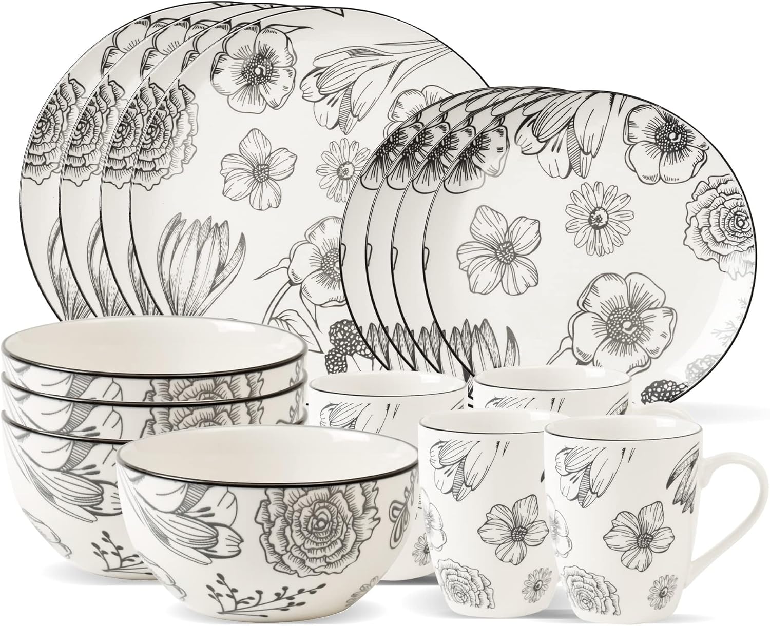 Pemberly Row 16-Piece Porcelain Dinnerware Set, Floral White Design, Includes Dinner Plates, Salad Plates, Bowls, Mugs, Lightweight Chip-Resistant, Dishwasher & Microwave Safe, Modern Table Setting