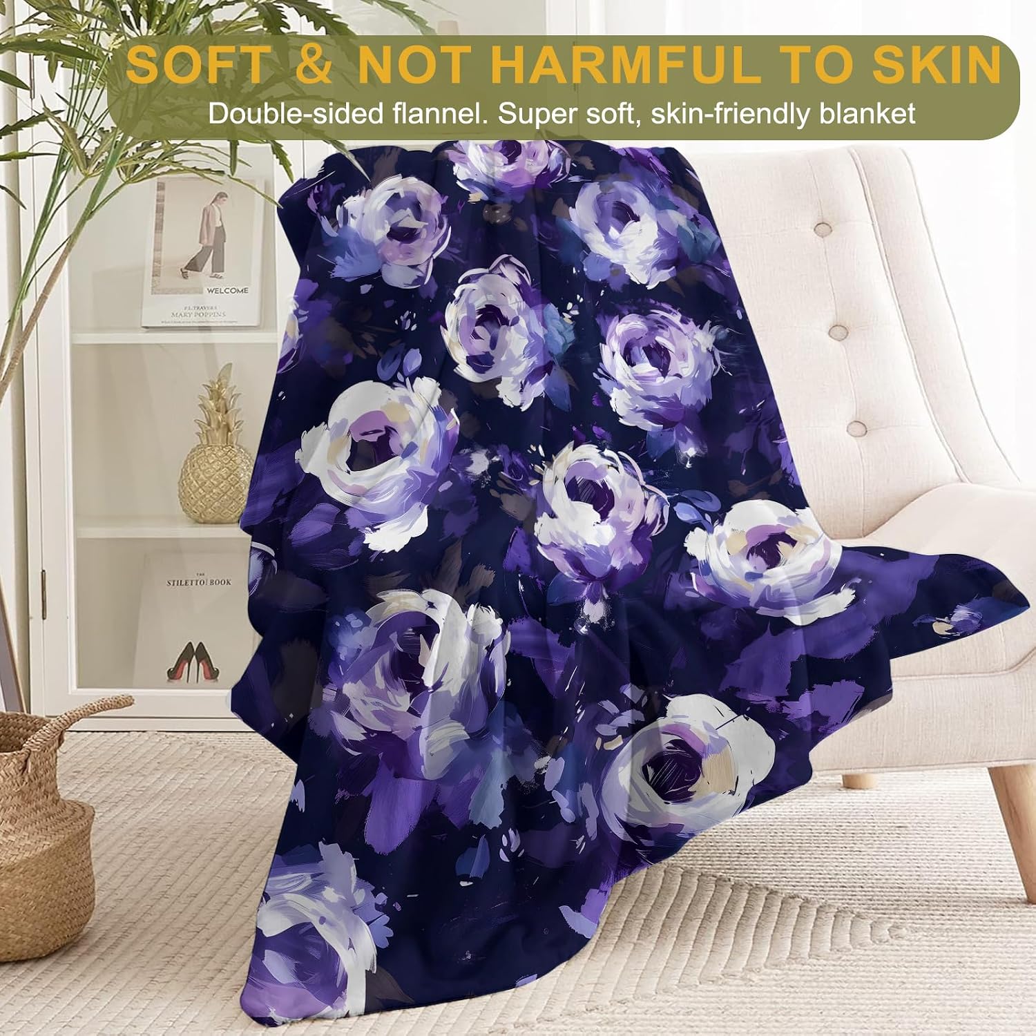 Purple Rose Flannel Blanket - Elegant Floral with Rich Blooms on Dark Throw - Lightweight Soft Cozy Gifts Blankets for Women & Flower Lovers,Modern Elegant Decor,Home Room Accent 50x60in