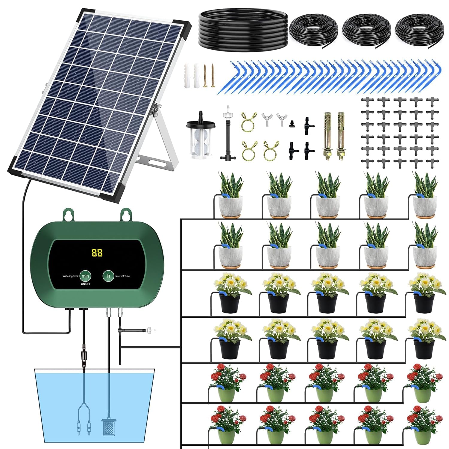 Sistema di irrigazione solare con 300 modalità, set di irrigazione a goccia automatico con tubo da 30 m, sistema di irrigazione solare per piante, giardino, balcone, serra e piante in vaso