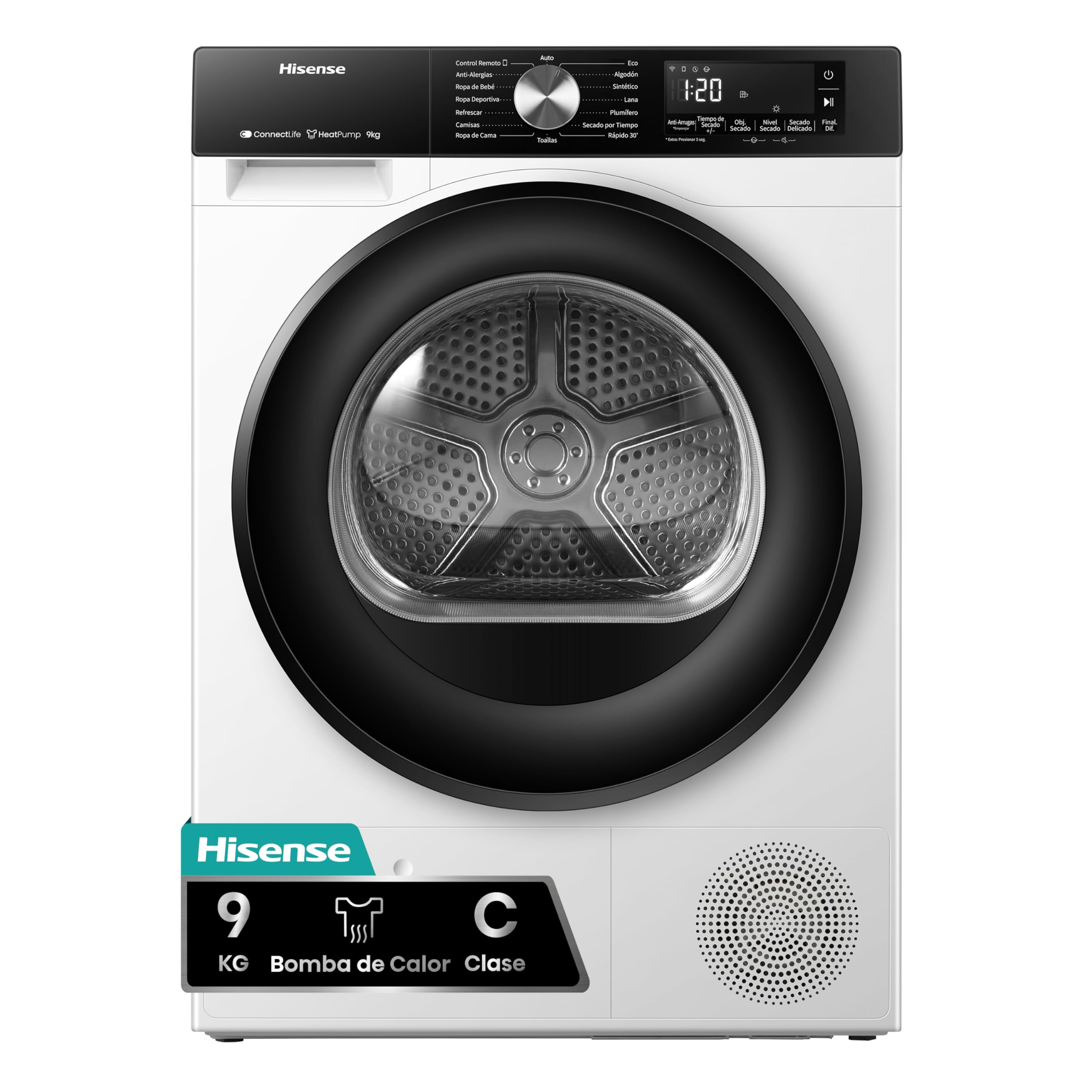 Hisense DH3S902BWCC - Secadora 9Kg, Clase C, Fondo 59cm, Secado Automático, Secado Rápido 30', Smart Pair, Antiarrugas, Bomba de Calor, Allergy Care, Blanco