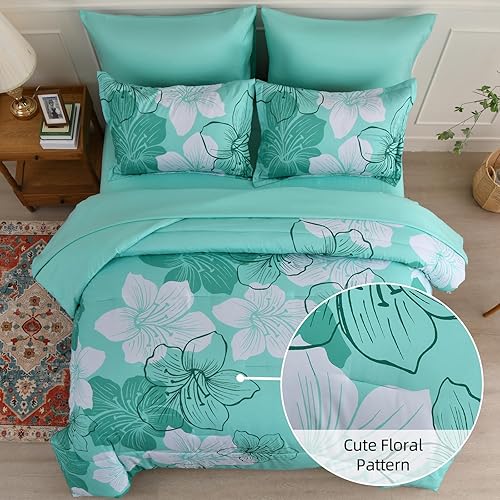 Miniatura 3 de Luxudecor Juego de edredón floral tamaño King, 7 piezas de cama en una bolsa, juego de edredón y sábanas de microfibra suave, juego completo de ropa