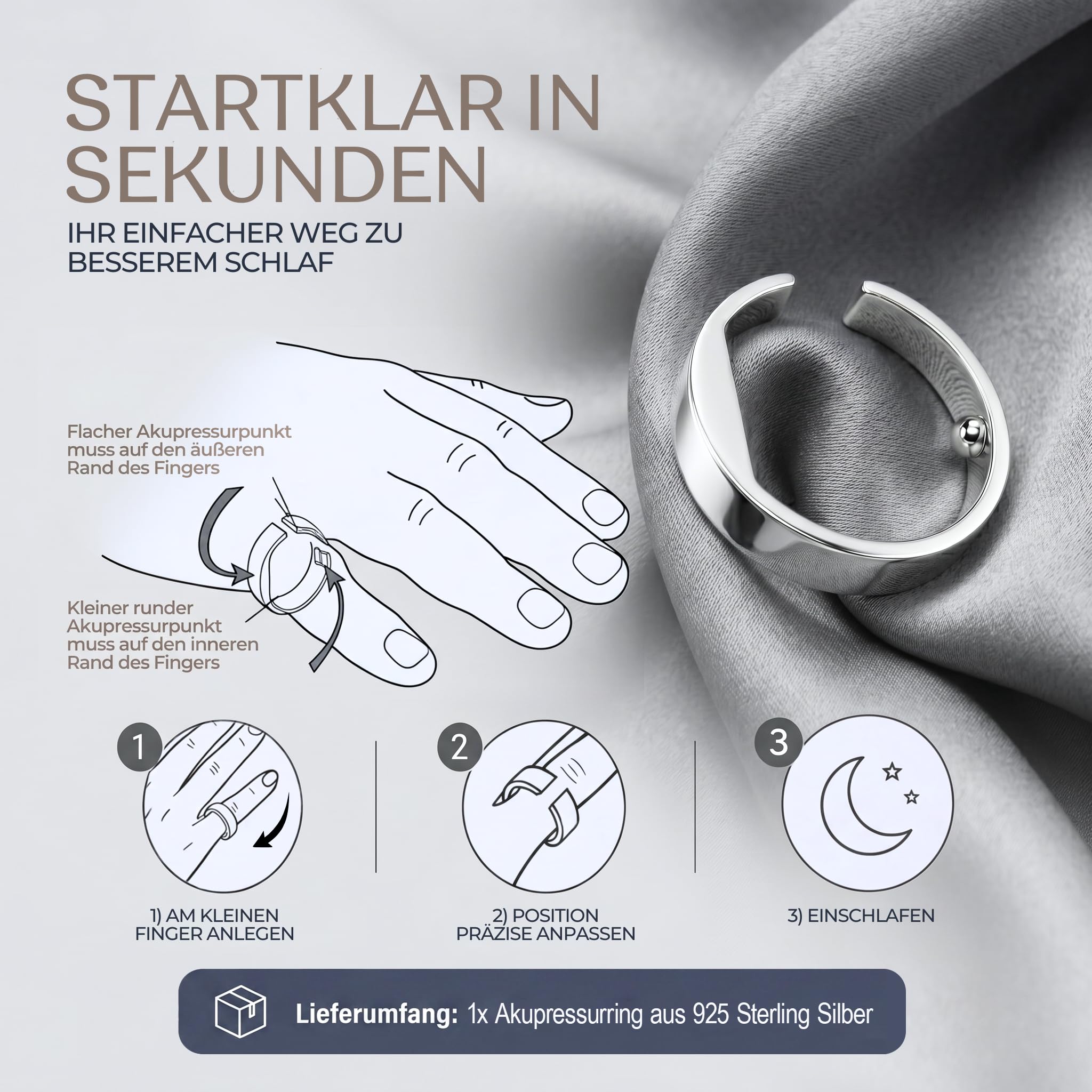scarlet health - Anillo de acupresión"Good Night 925 plata de ley", aplicación en el dedo pequeño, tamaño del anillo y presión de presión ajustable
