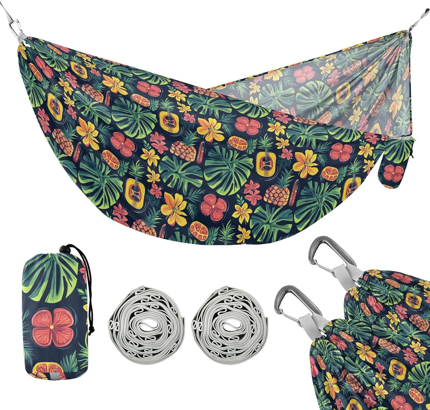 ALAZA Tropical Flower Palm Leaves Camping Hammocks Single or 2 Person 500 lbs Portable Parachute Travel Hammock w/Tree Straps for Hiking Backpacking Indoor Outdoor