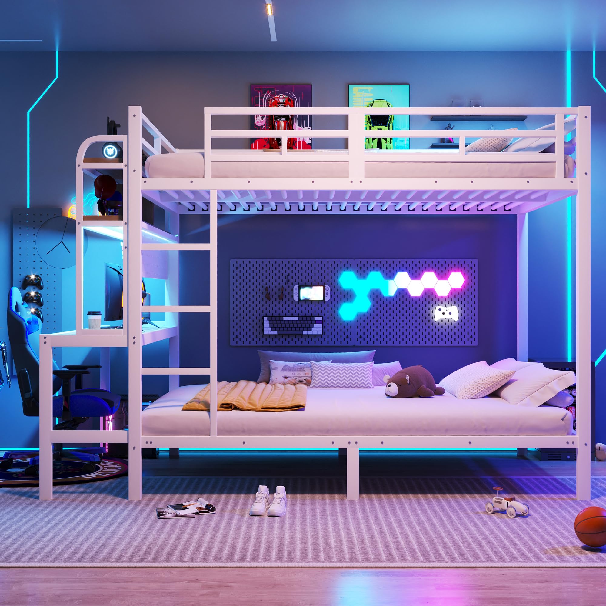 Zepneiy Lit Enfant avec Barre Lumineuse LED et Port USB, Lit Superposé Enfant 140x200 avec échelle de sécurité et Compartiment de Rangement, Cadre de en Fer Blanc(sans Matelas)
