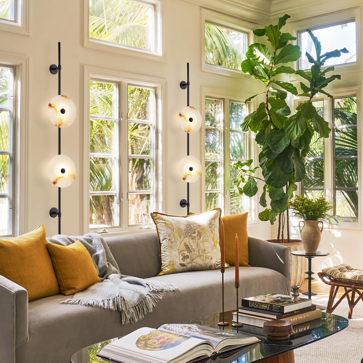 Alabaster Wall Sconce,8W Round Natural Marble Plug in Wall Sconce Lamp Cord with Knob Dimmer Switch, Indoor LED Modern Wall Lamp for Bedroom, Stairs, Living Room, Bedside, Hallway (Black)