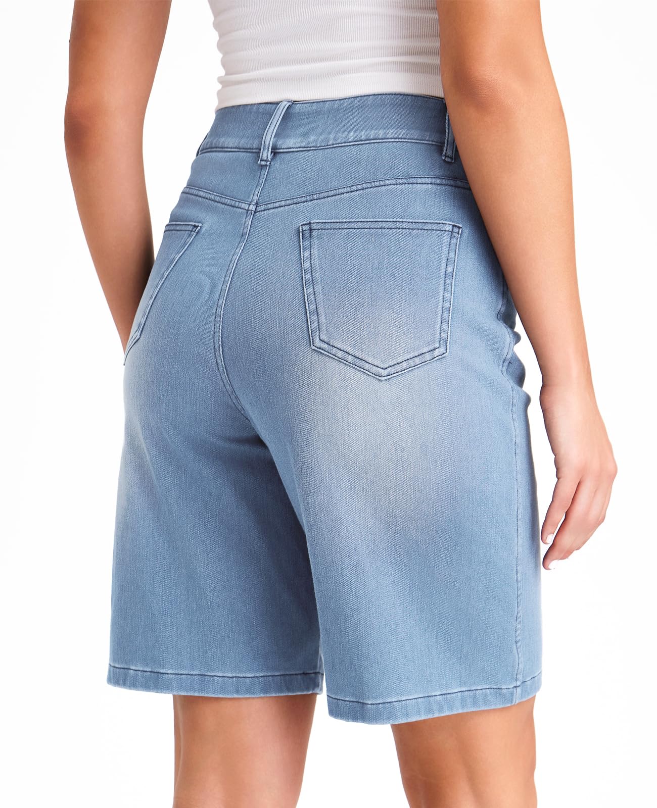 LaiEr Pantaloncini Bermuda da Donna in Denim a Vita Alta Pantaloncini in Jeans Elasticizzati Larghi con Cerniera e Bottone,Lunghezza al Ginocchio,Ideali per Look Sportivi Casual,Fitness,Yoga
