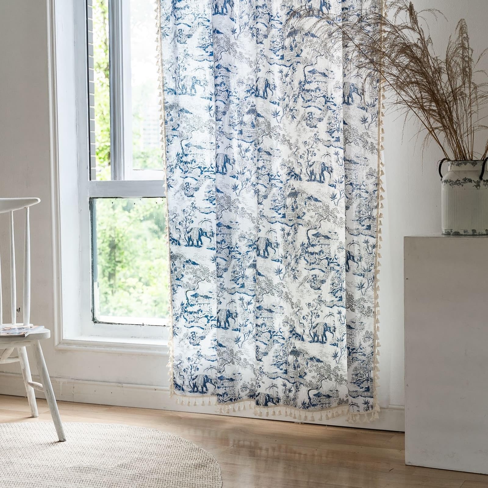 Cortina corta semitransparente KnSam de 90x60 cm con diseño de árboles y borla azul para balcón