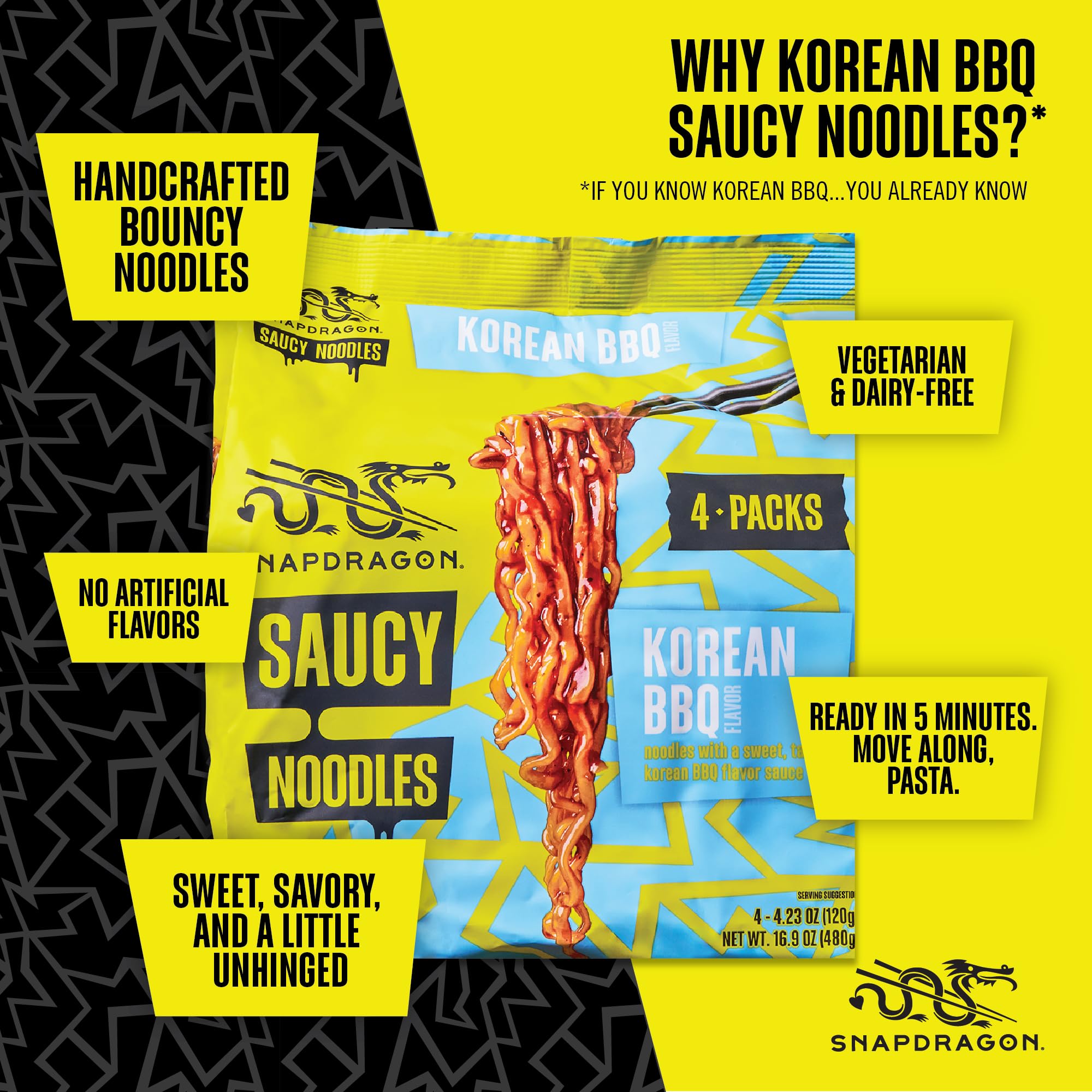Snapdragon Saucy Instant Noodles with Korean BBQ Slurpable Sauce - Quick Meal, Snack, and Lunch. 4-Pack Microwave Noodles for Cup, Bowl, Ramen or Asian Stir Fry