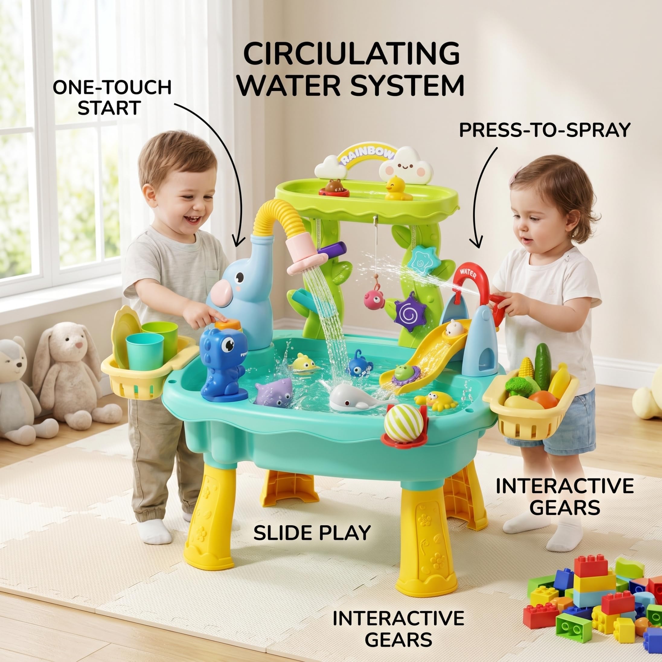 Mesa freática para niños, Juego de Mesa de Arena y Agua, 2, 6 en 1, Juguetes Azules para niños con tobogán de riego circulante, Pesca y Baloncesto.
