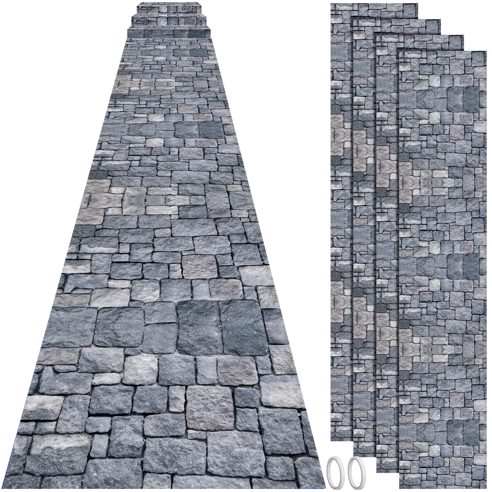 Fabbay 4 Pack 10ft Cobblestone Aisle Runners Medieval Party Decorations Polyester Brick Stone Printed Floor Runners for Medieval Castle Knight Themed Party Supplies Halloween Castle Table Cover