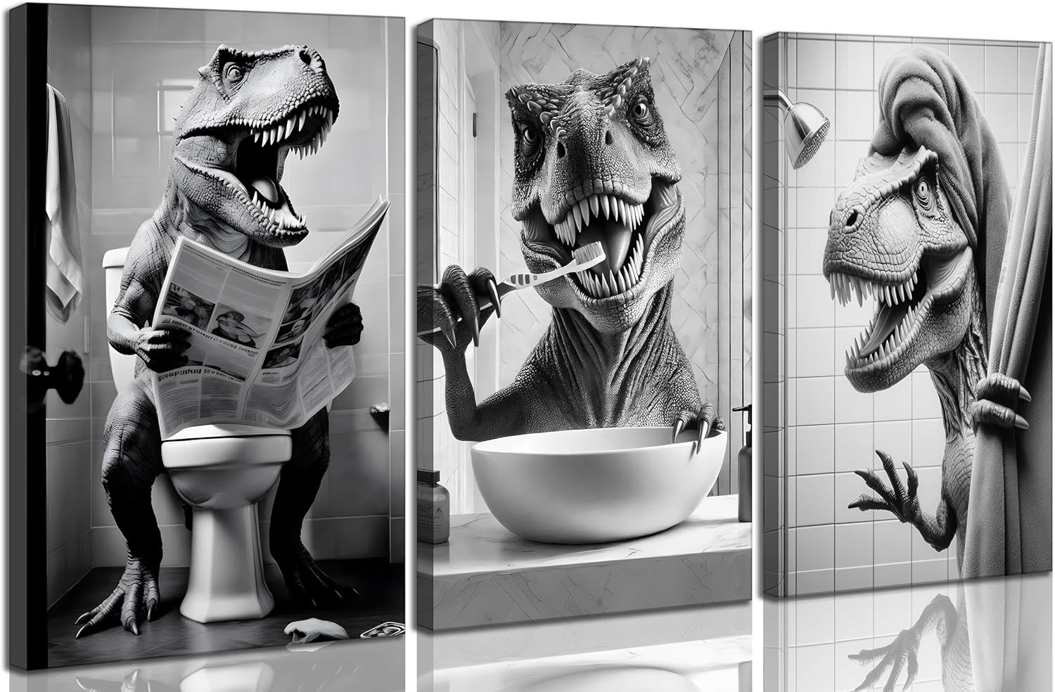 RAQXZHSW 3Pcs Funny Bathroom Dinosaur Canvas Wall Art Dinosaur Sitting on The Toilet Reading The Newspaper Taking A Bath And Brush Teeth Pictures Wall Decor Print Artwork for Toilet Washroom