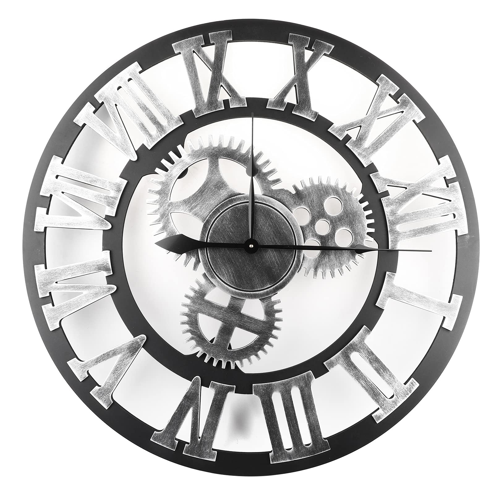 Reloj De Pared Vintage, Reloj De Pared Rústico Hecho A Mano En 3D, Engranaje Grande, Decoración Vintage De Madera para Sala De Estar/Oficina/Bar(80cm-Plata)