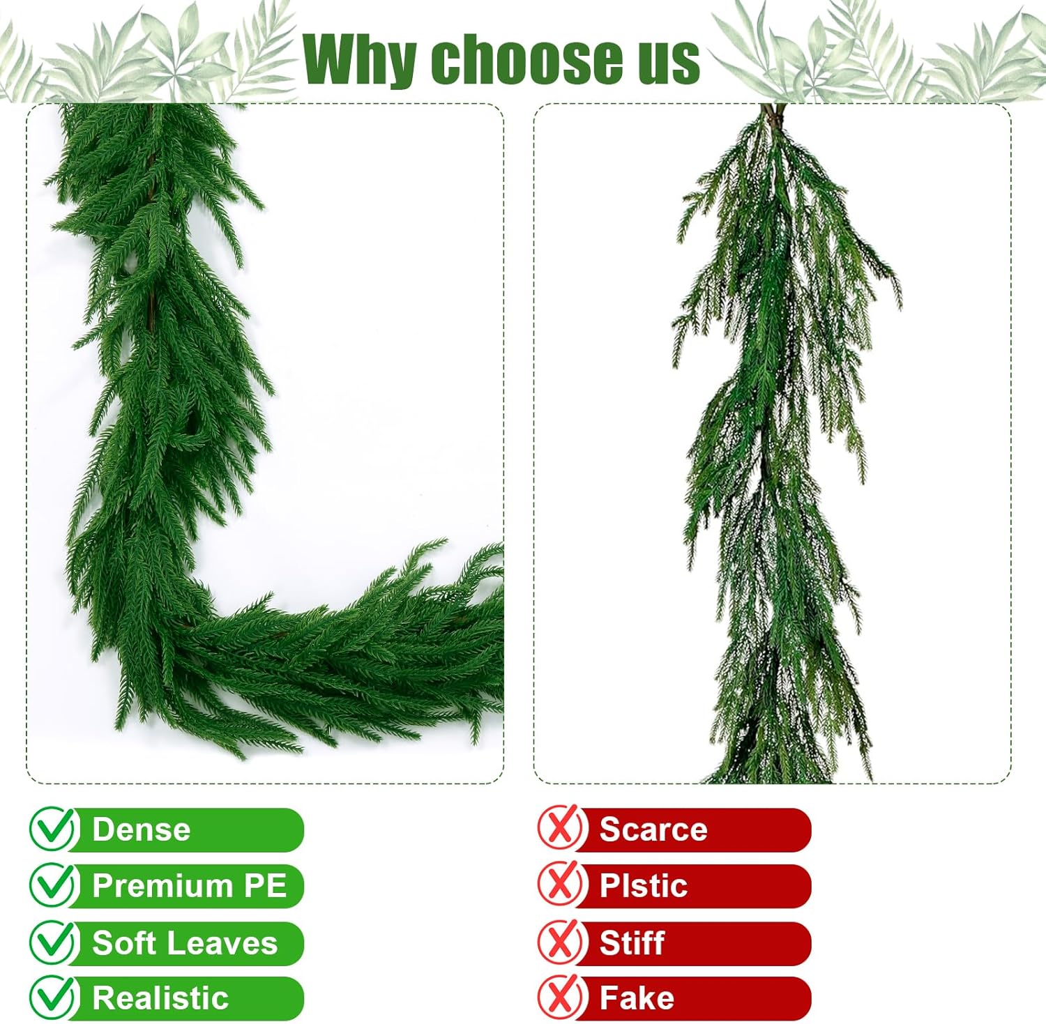 2Pcs 9 FT Artificial Norfolk Pine Garlands, Realistic Christmas Garland Thickness Real Touch Winter Greenery Garland for Table Mantle Wall Indoor Outdoor Christmas Decor - Image 4