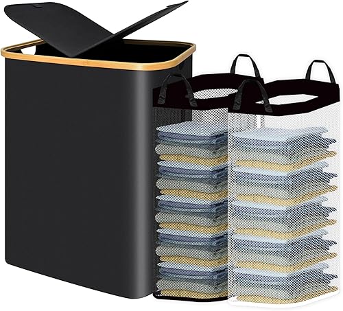 Cesta doble para la ropa sucia con tapa, 160 litros dividida con ruedas, 2 bolsas extraíbles con anillos de acero, cesta de ropa sucia de 2