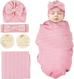 Vicloon Neugeborene Empfangsdecke, Neugeborene Swaddle Decke mit Stirnband Set, Decke Neugeborenen Swaddle, Neugeborenes Baby Schlafsack für Baby Boy Mädchen Schlafsack(Rosa)