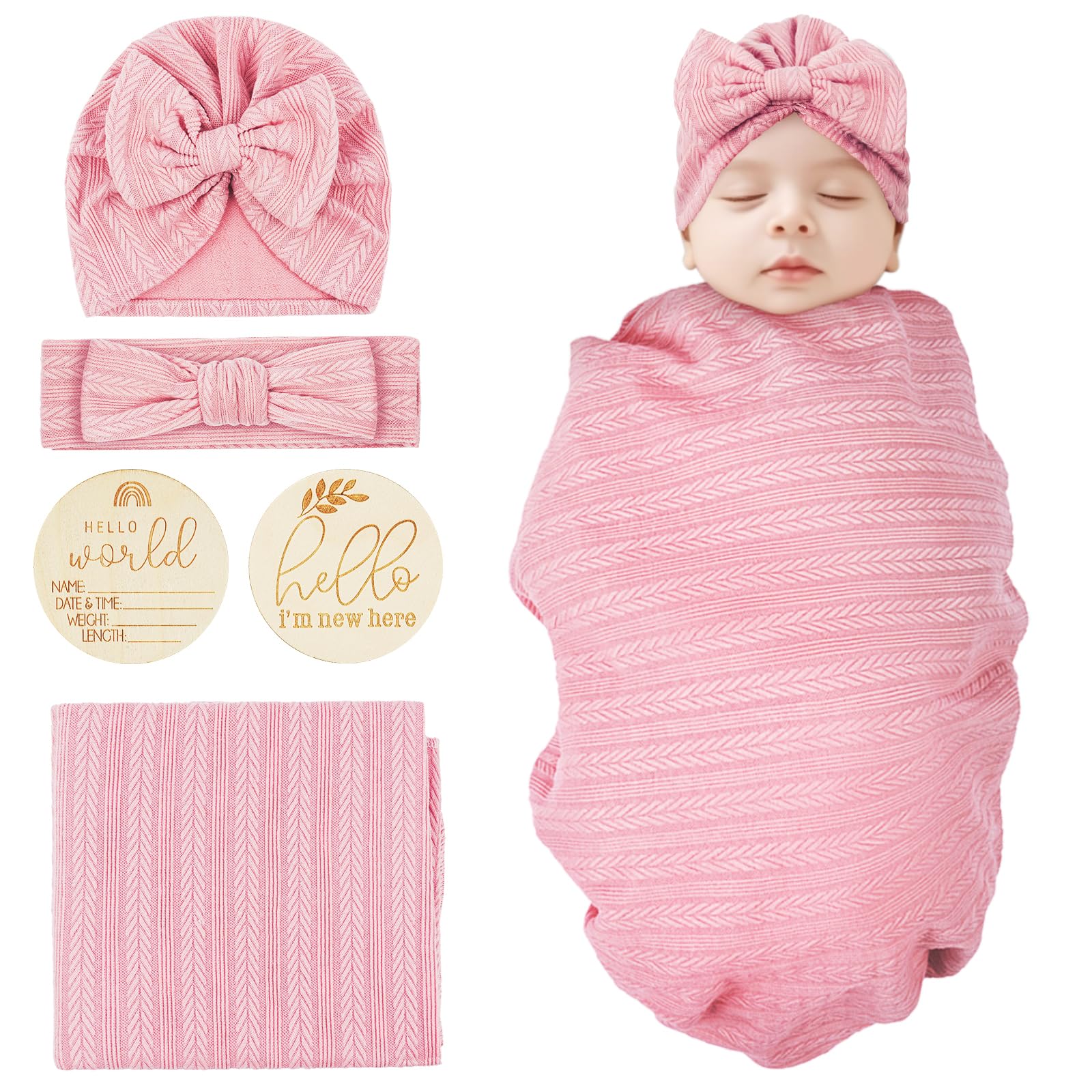 Vicloon Newborn Swaddle Blanket with Headband Set, Newborn Swaddle Blanket Wooden Card Set