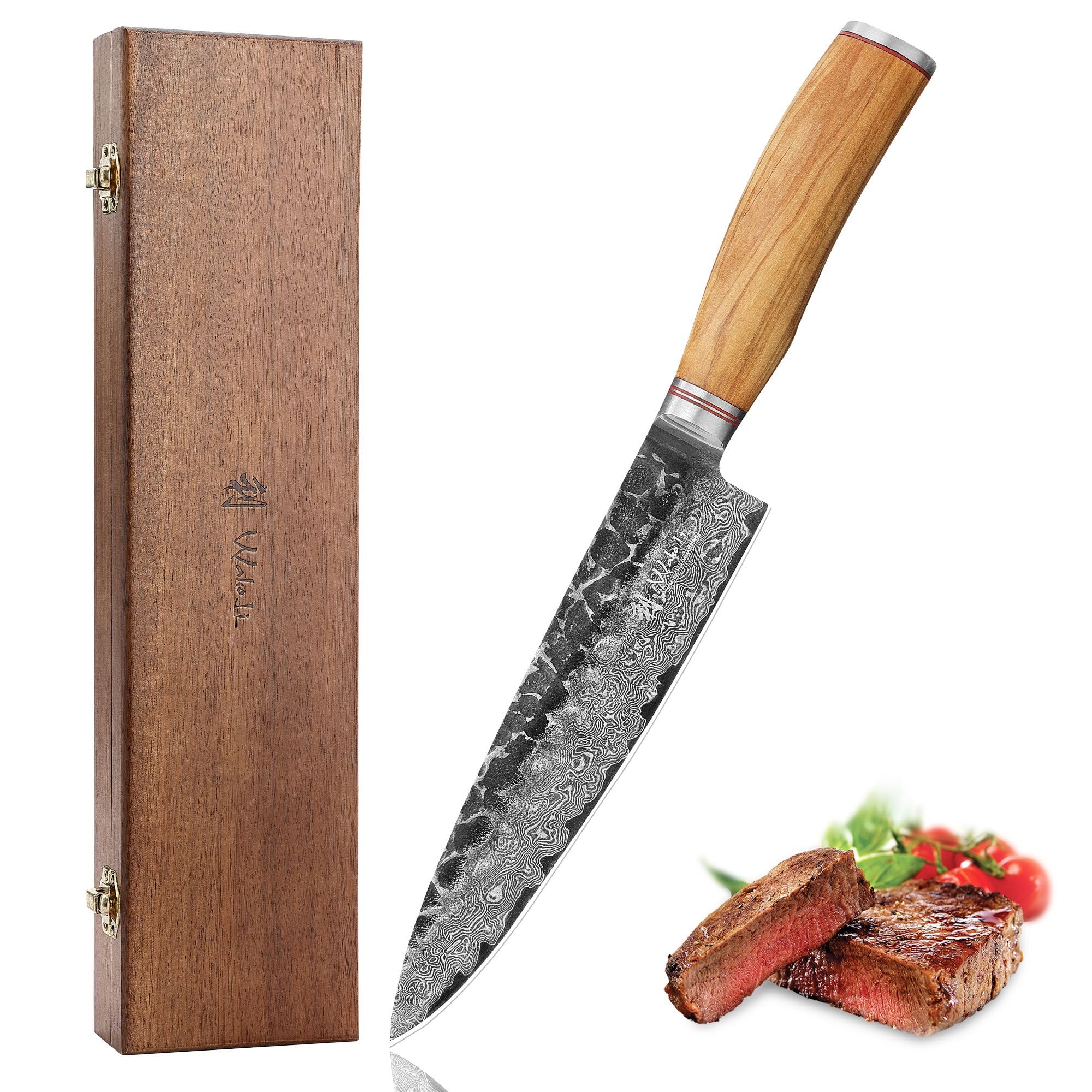 WAKOLI Couteau de Chef en Damas, 20 cm, Manche en Bois d’Olivier