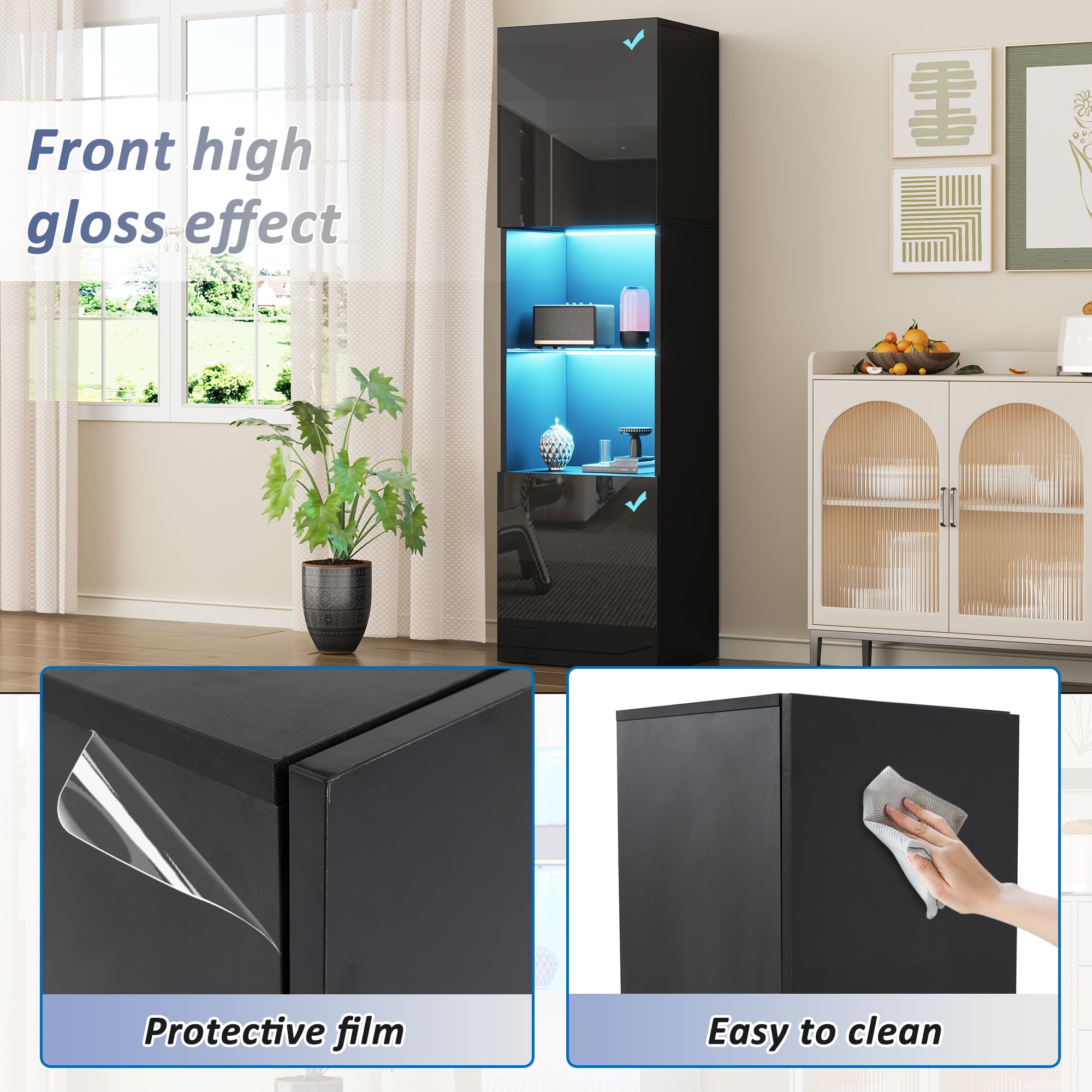 Vitrina Expositora para Colecciones con luz, vitrina de Cristal con Puerta 160x45x35cm LED de 16 colores y 4 modo dinámicos Muebles Vitrinas de Salon de Cristal con Estante Armario de Libros(A, Negro)