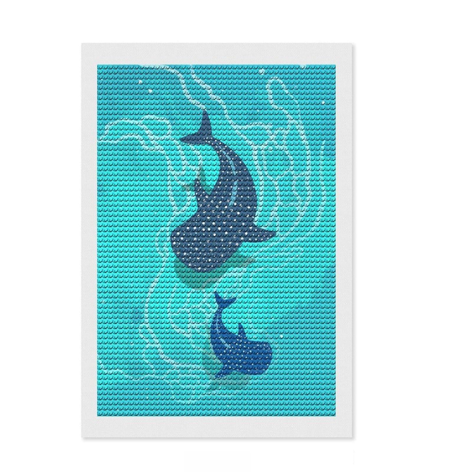 Junmoney Whale Shark Duo Diamond Painting Set 8"x12", with Tool Kit, Office Decor, Creative Hobby, Fun Craft Activity, Winter Craft